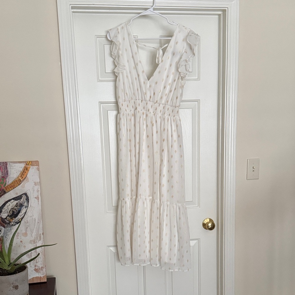 Lulu's White and Gold Polka Dot Midi Dress